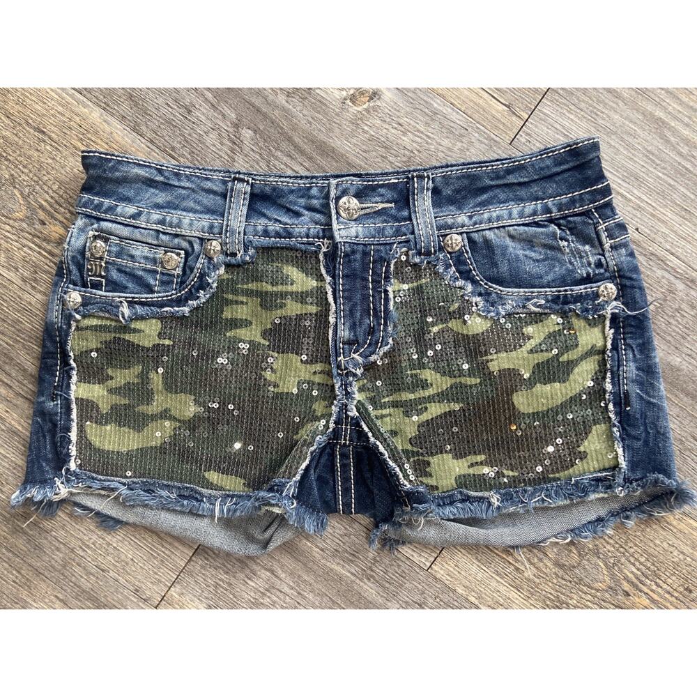 Miss Me Distressed Denim Jean Shorts with Camo Sequin Panels